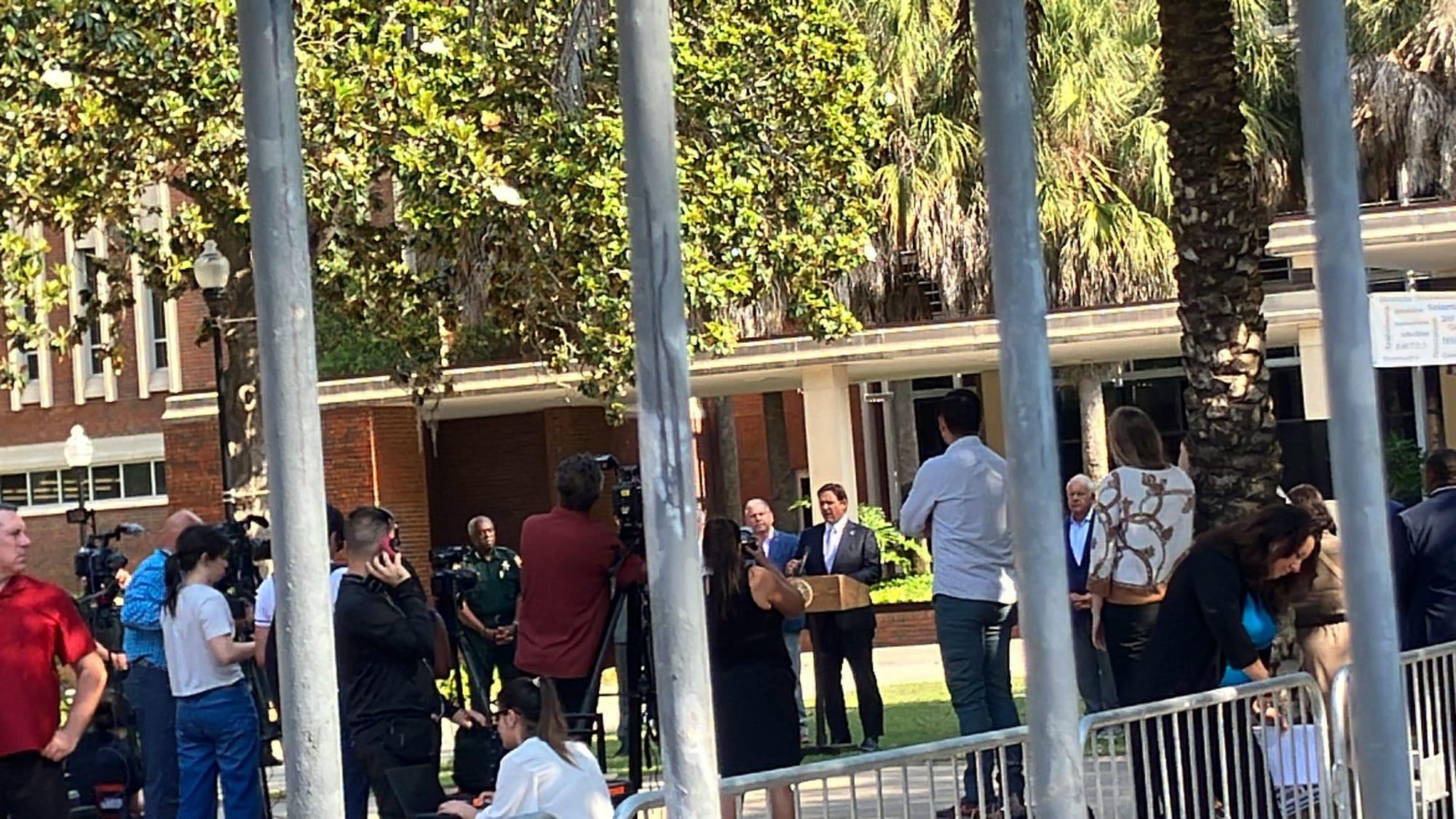 Press Conference For Gov. DeSantis Being Set Up in Front of Pro-Palestine Protesters