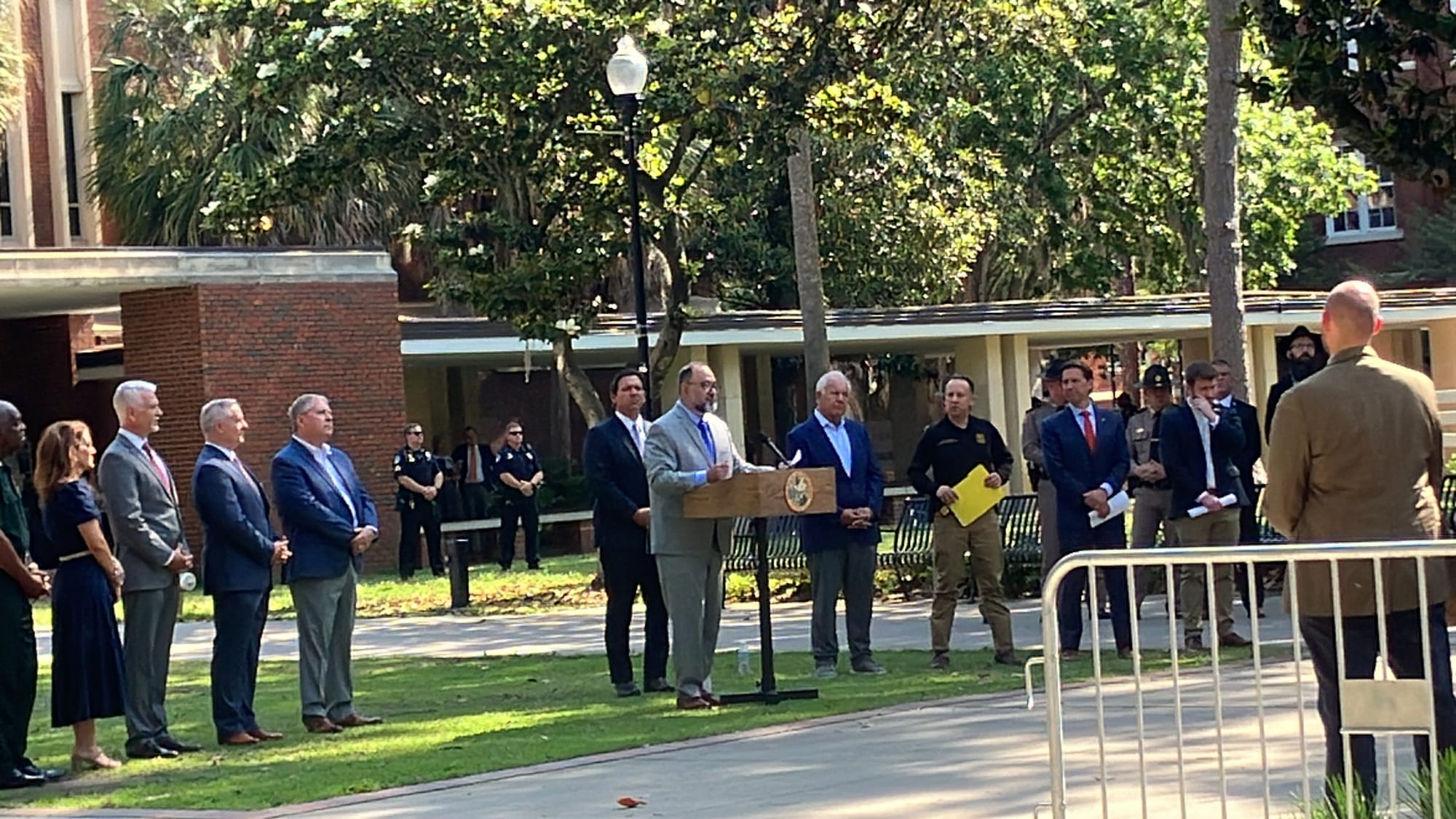 Press Conference For Gov. DeSantis Being Set Up in Front of Pro-Palestine Protesters