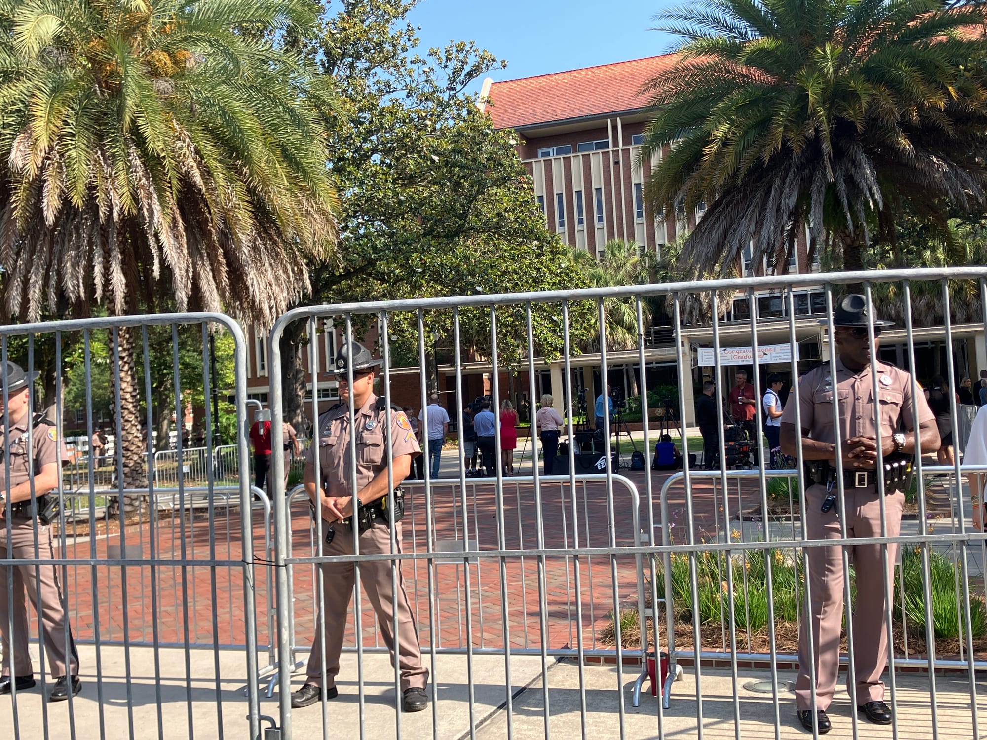 Press Conference For Gov. DeSantis Being Set Up in Front of Pro-Palestine Protesters