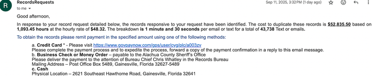 Alachua County Sheriff's Office Charges $52k for Clovis Watson's Emails