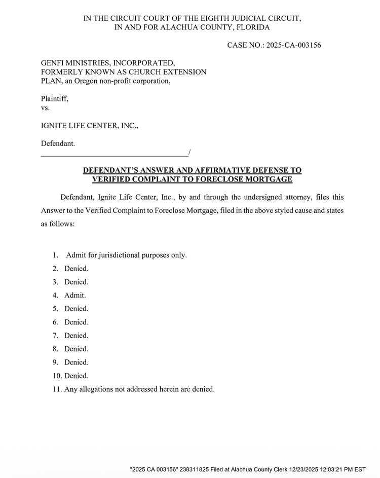 Ignite Life Center Denies Owing $1.8 Million to GenFi Ministries Following Alleged Mortgage Payment Failure