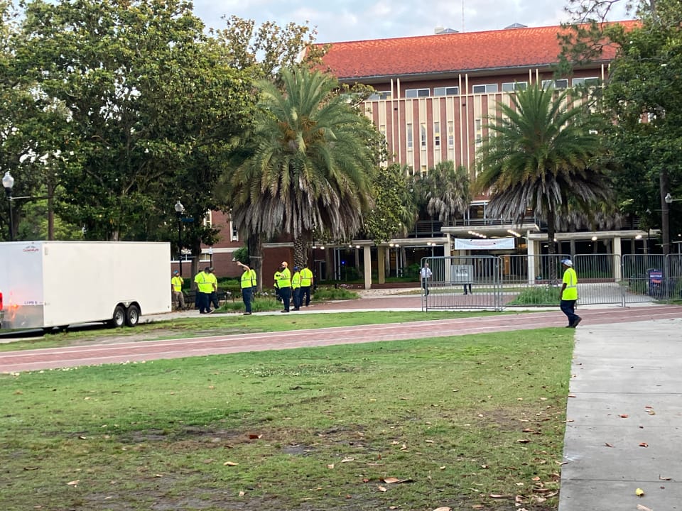 Press Conference For Gov. DeSantis Being Set Up in Front of Pro-Palestine Protesters