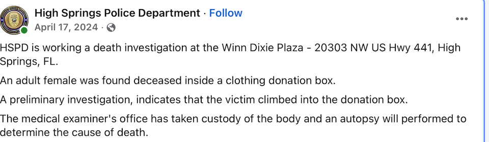 Woman Found Dead in Clothing Donation Box at High Springs Winn Dixie Plaza